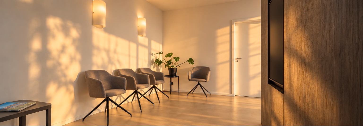 L’accueil de l’Arsenal Clinic : un comptoir courbe clair sous de hautes fenêtres, avec des sièges confortables et un panneau mural à l’effigie de la clinique